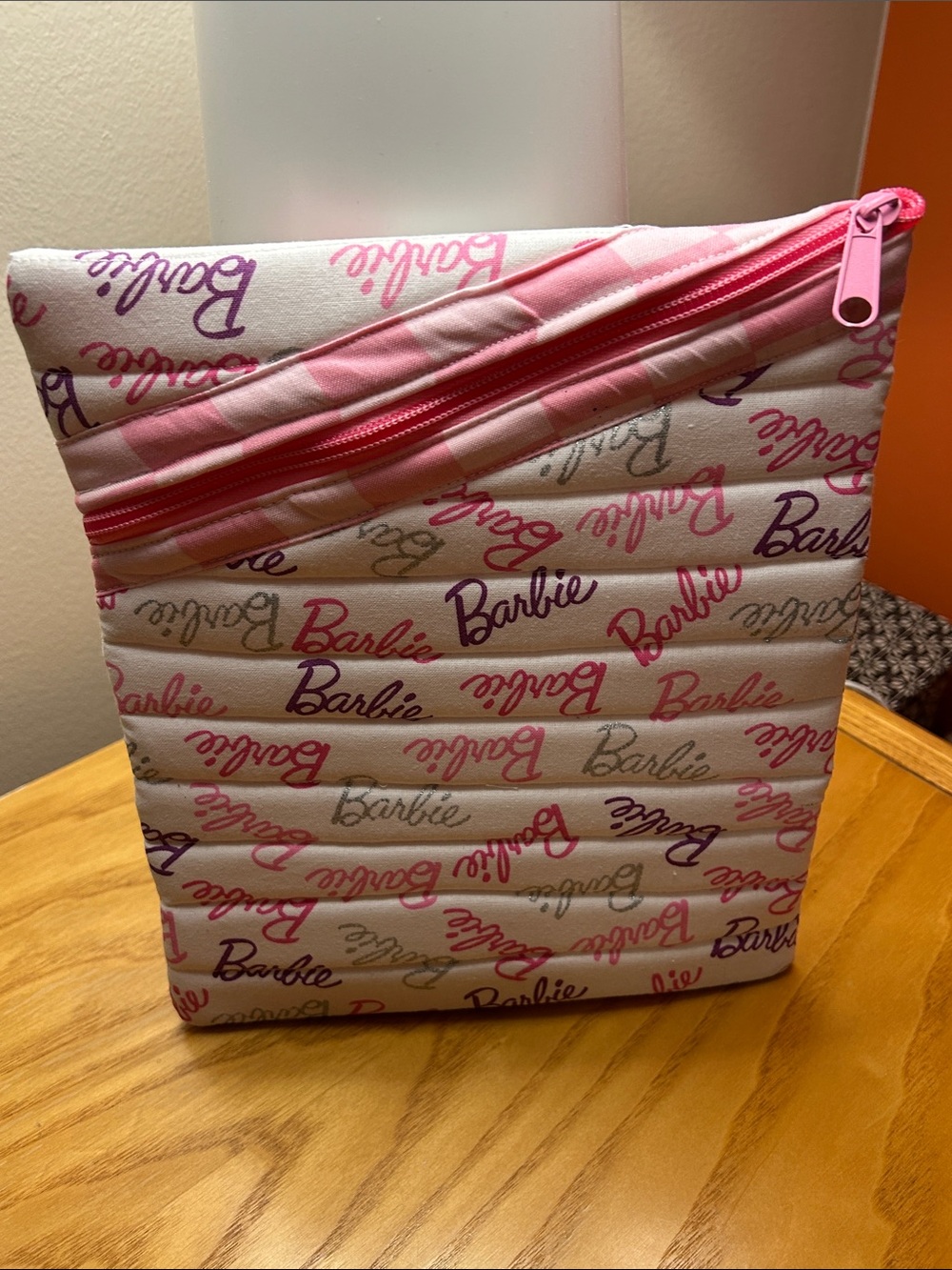 Barbie Quilted Tablet holder in Pink,Silver and Purple Script